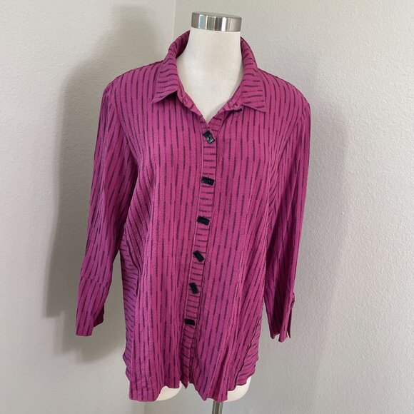Ali Miles Womens Large Button Up Shirt Pink Black Striped Long Sleeve Top - Picture 1 of 14